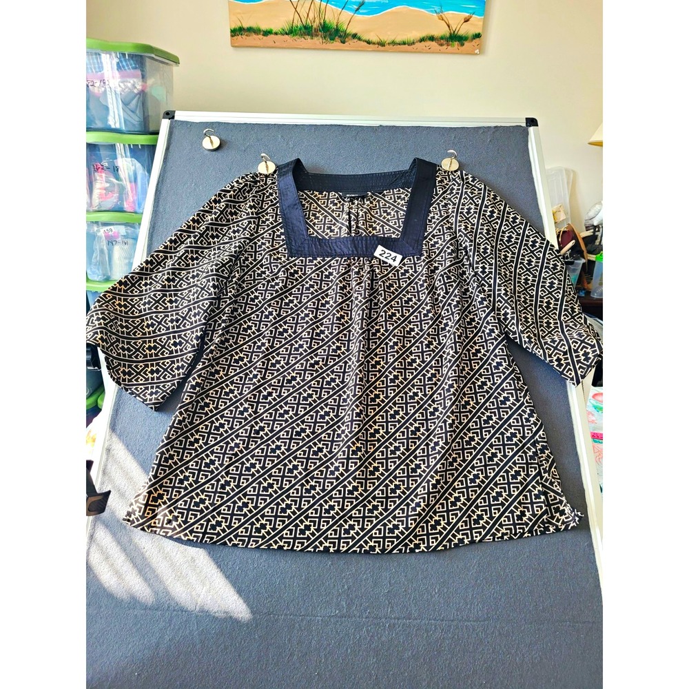 Avenue Womens 18/20 Black/Beige Geometric Scoop Neck 3/4 Knit Stretch Blouse